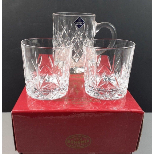 234 - A first quality signed EDINBURGH CRYSTAL  1pt tankard and also 2 small whisky tumblers in a Bohemia ... 