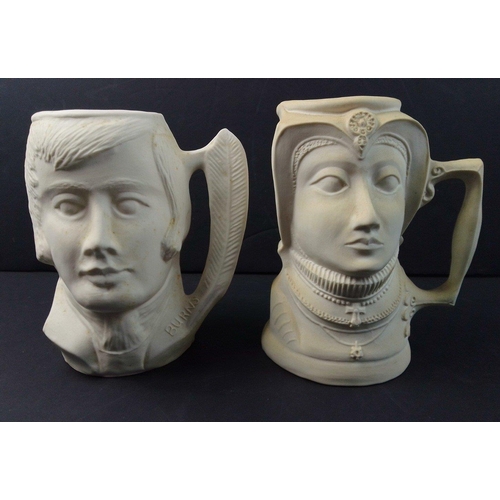 273 - Two unglazed tankards of Burns and Mary Queen of Scots, each 17cm high plus  a large modern pottery ... 