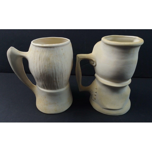 273 - Two unglazed tankards of Burns and Mary Queen of Scots, each 17cm high plus  a large modern pottery ... 