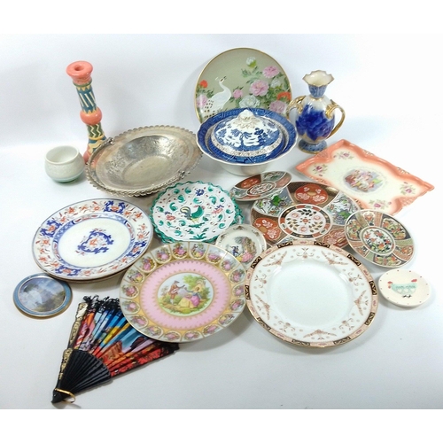 377 - A mixed lot to include decorative plates, a Booths covered serving dish, and an EPNS tray. A super a... 