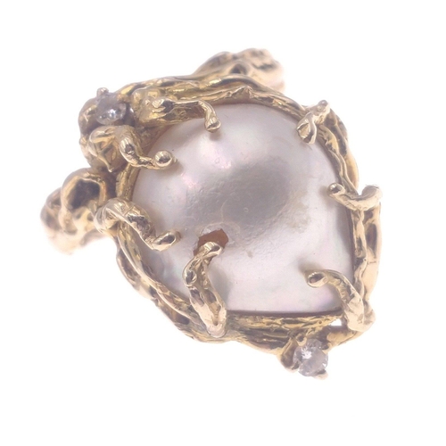 13 - A BESPOKE 585 stamped gold nugget style ring with a large (15mm) natural pearl plus 2 lovely diamond... 