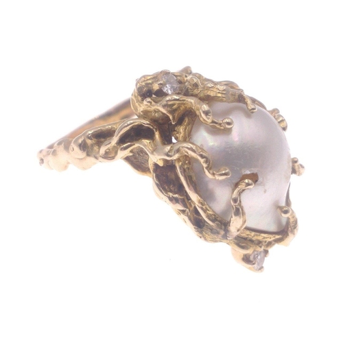 13 - A BESPOKE 585 stamped gold nugget style ring with a large (15mm) natural pearl plus 2 lovely diamond... 