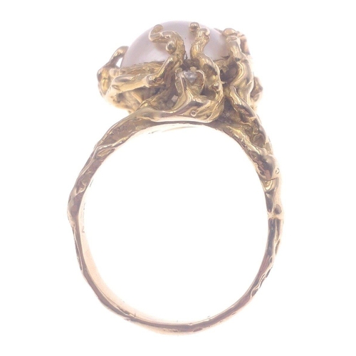 13 - A BESPOKE 585 stamped gold nugget style ring with a large (15mm) natural pearl plus 2 lovely diamond... 