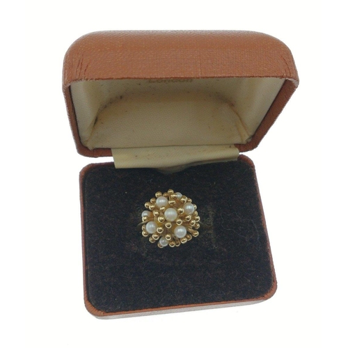 14 - A Sputnik style 9ct stamped gold ring set with 7 pearls, size P, gross weight 5.5g approx#14