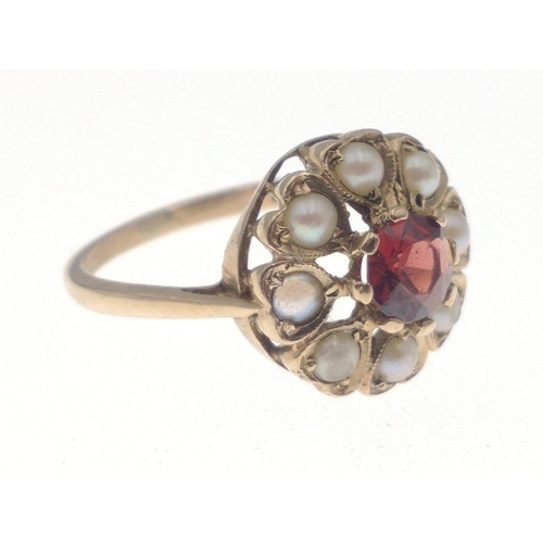 2 - A 9ct stamped gold ring with red stone and 8 surrounding pearls, size P, gross weight 3.3g approx#2... 