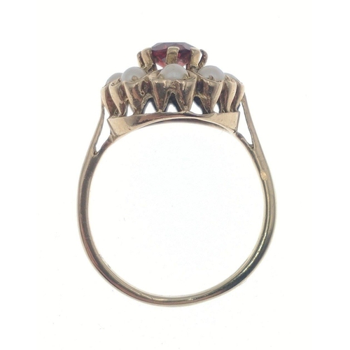 2 - A 9ct stamped gold ring with red stone and 8 surrounding pearls, size P, gross weight 3.3g approx#2... 