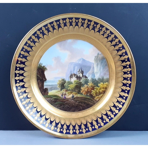 212 - F FABER a BRUXELLES Gold Porcelain plate with wonderful painted European Castle scene entitled Châte... 