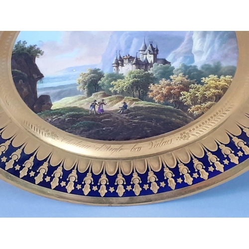 212 - F FABER a BRUXELLES Gold Porcelain plate with wonderful painted European Castle scene entitled Châte... 