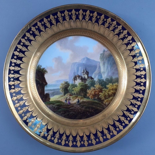 212 - F FABER a BRUXELLES Gold Porcelain plate with wonderful painted European Castle scene entitled Châte... 