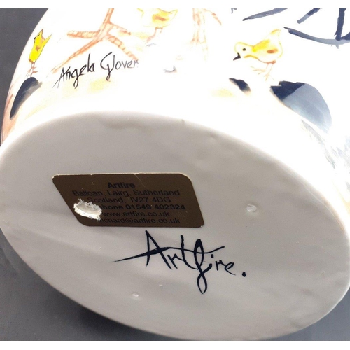 219 - An ART FIRE ceramic biscuit barrel signed by ANGELA GLOVER, decorated with cockerels, standing 18cm ... 