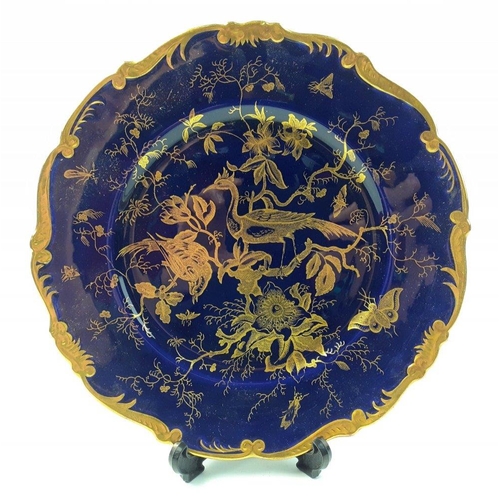 221 - Two COALPORT dishes with exotic birds one green and gilt and the larger cobalt blue and gilt 27cm di... 