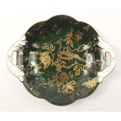 221 - Two COALPORT dishes with exotic birds one green and gilt and the larger cobalt blue and gilt 27cm di... 