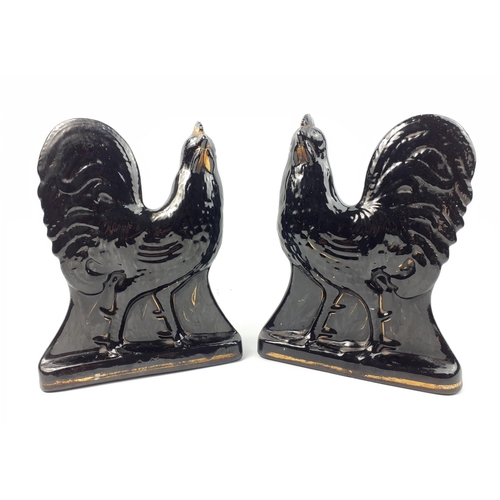 224 - EARY VICTORIAN - An impressive pair of black cockerels with gold highlights each standing 30cm tall#... 