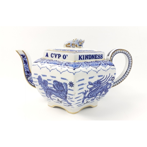 239 - An antique COPELAND SPODE blue and white Auld Lang Syne teapot with decorated with dragon and foo do... 