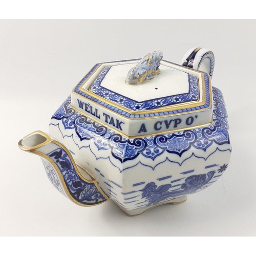 239 - An antique COPELAND SPODE blue and white Auld Lang Syne teapot with decorated with dragon and foo do... 