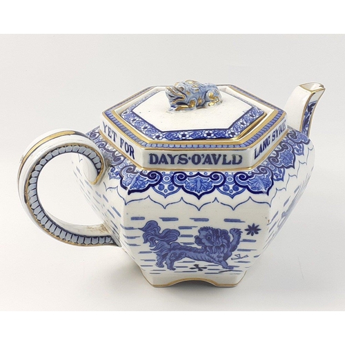 239 - An antique COPELAND SPODE blue and white Auld Lang Syne teapot with decorated with dragon and foo do... 