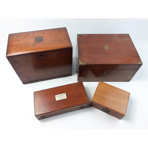 280 - Four lovely wooden boxes to include a slightly distressed brass banded writing slope, 38x23x15cm, a ... 