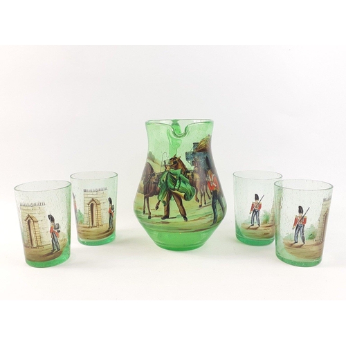 298 - A set consisting of a hand-painted green glass water jug and 4 glasses, the jug decorated with a sce... 