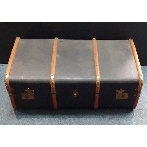 337 - A large wood banded black travel trunk with brass corners 90x54x32cm approx#340