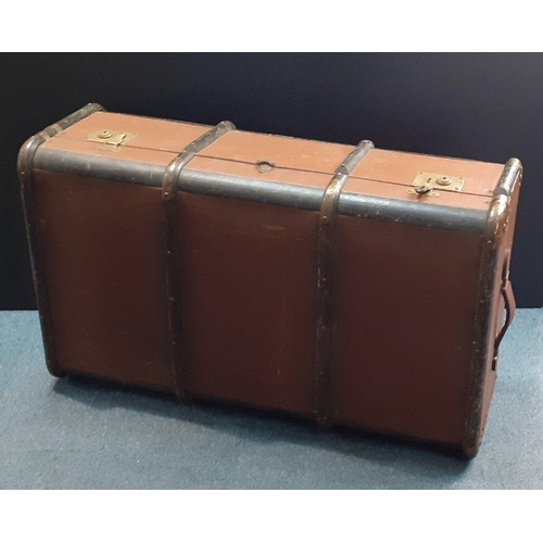 338 - A large wood banded brown travel trunk with brass corners 90x54x32cm approx#341