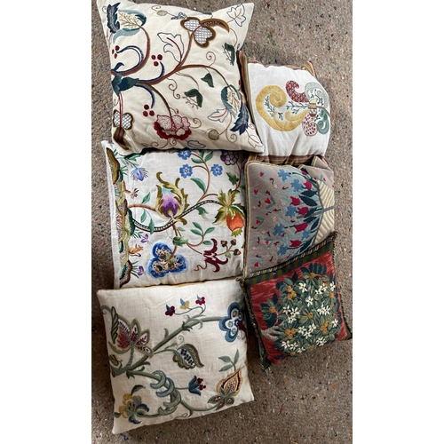 408 - A collection of 6 FANTASTIC cushions embroidered with crewel work and tapestry, some depicting flora... 