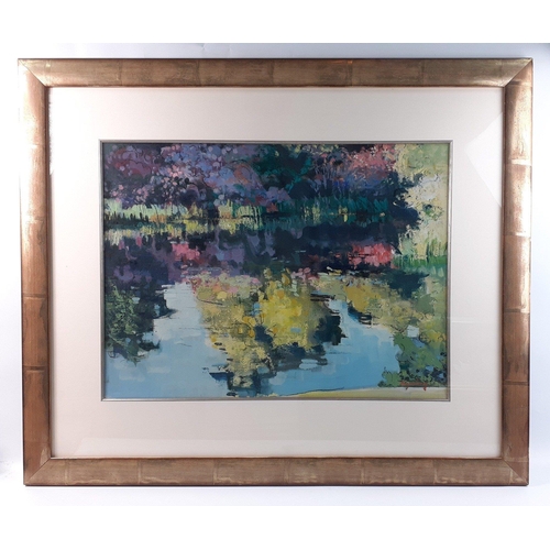 430 - A glazed oil painting entitled Pond Reflections ii by Q BRYNING dated 2001, frame size 98x82cm, visi... 