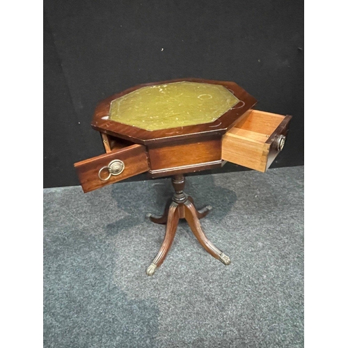 452 - An OCTAGONAL drum-style table with green leather top on 4 leg supports - 45cm diameter x 60cm height... 