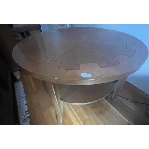 458 - A TOP QUALITY round ash-wood coffee table with magazine shelf - diameter 2ft approx#461