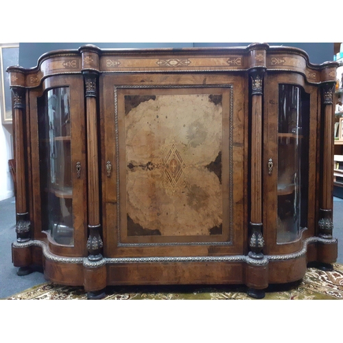 459A - Victorian c1890s Serpentine Burr Walnut Marquetry Credenza, it is bow ended with elegant bow and cur... 