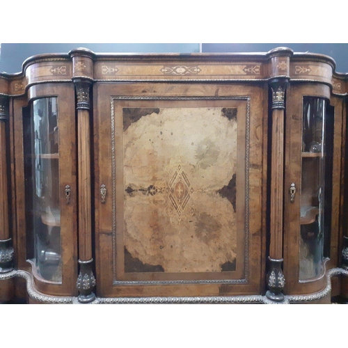 459A - Victorian c1890s Serpentine Burr Walnut Marquetry Credenza, it is bow ended with elegant bow and cur... 