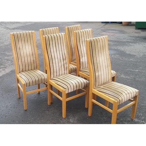 478 - A set of six quality dining light oak chairs - with stripey fabric#484