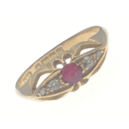 5 - An 18ct gold ring with 4 small diamonds (tested), and a central red stone, fully hallmarked, gross w... 