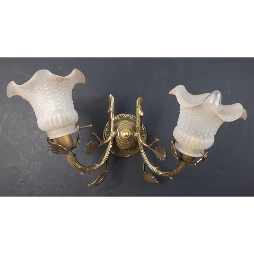 507 - A brass two branch wall light fitting with opalescent shades approx 30cm diameter#513