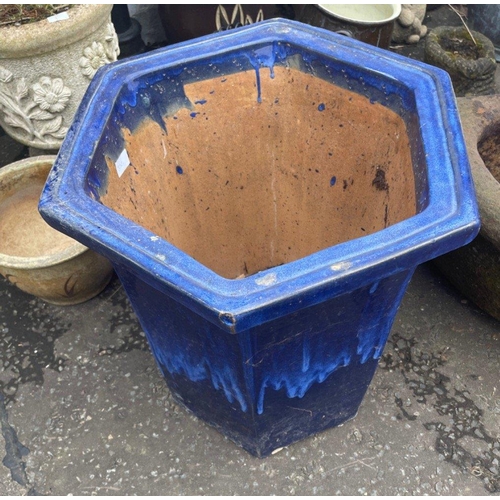 540 - A large blue drip-glaze garden hexagonal shaped garden planter - approx 18