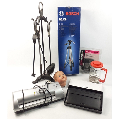 595 - A mixed lot to include a BOSCH BS150 professional tripod in a box, a FELLOWS laminator, a cafetiere,... 