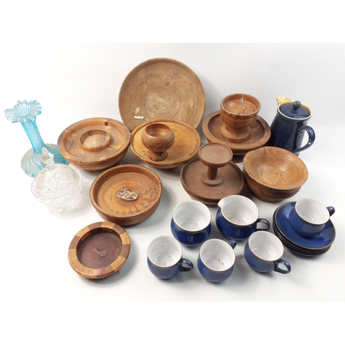 600 - A mixed box to include some blue glazed DENBY tableware, treen items, glassware etc#606