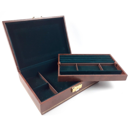 70 - A rather attractive faux leather jewellery box with wooden Greek key detail on lid and removable ins... 