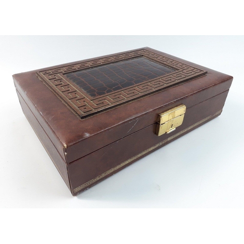 70 - A rather attractive faux leather jewellery box with wooden Greek key detail on lid and removable ins... 