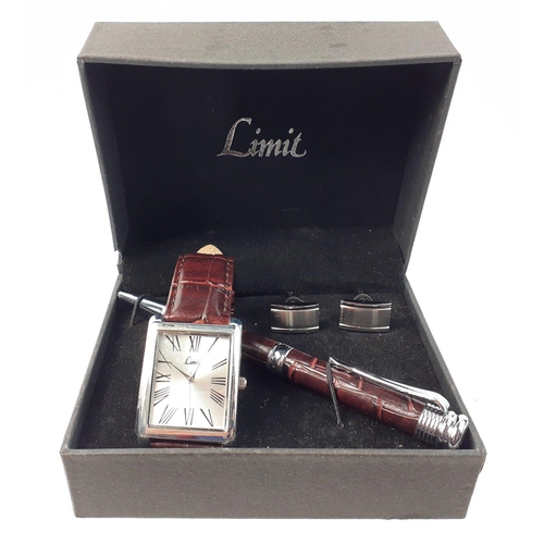 100 - A LIMIT gift set of gent's watch, cufflinks and pen.  Watch has a beautiful square face with Roman n... 