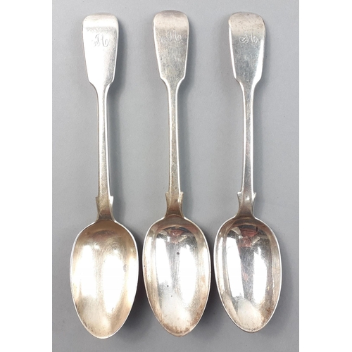 121 - A set of three monogrammed spoons with matching hallmarks for London 1867 Maker GA.  Each 18cm long ... 