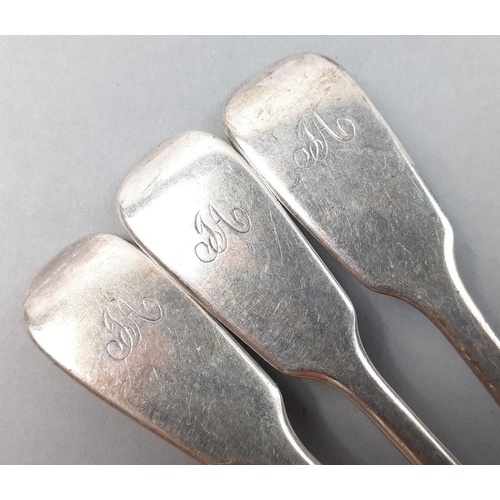 121 - A set of three monogrammed spoons with matching hallmarks for London 1867 Maker GA.  Each 18cm long ... 