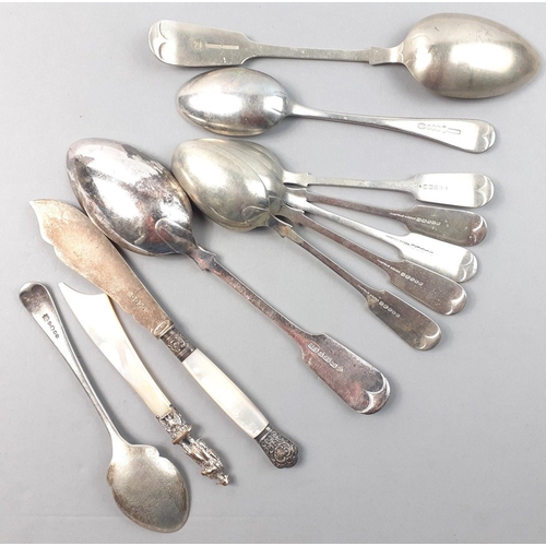 122 - Five Venetian silver spoons with four other assorted plated spoons. Includes Mother of Pearl handled... 