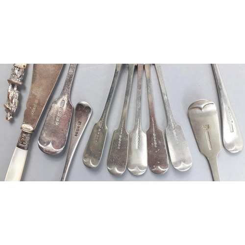 122 - Five Venetian silver spoons with four other assorted plated spoons. Includes Mother of Pearl handled... 