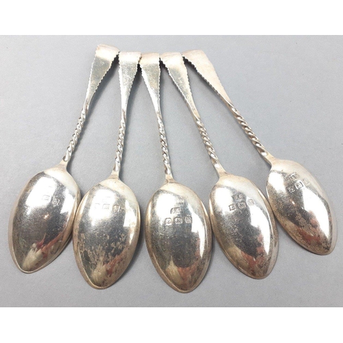 123 - Five sterling silver teaspoons.  Hallmarks Birmingham 1907, made by Joseph Gloster.  Total weight 50... 