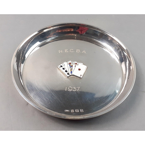 129 - A BRIDGE pin dish in STERLING SILVER with enamel cards.  Hallmarks for Birmingham 1936 and with a 19... 