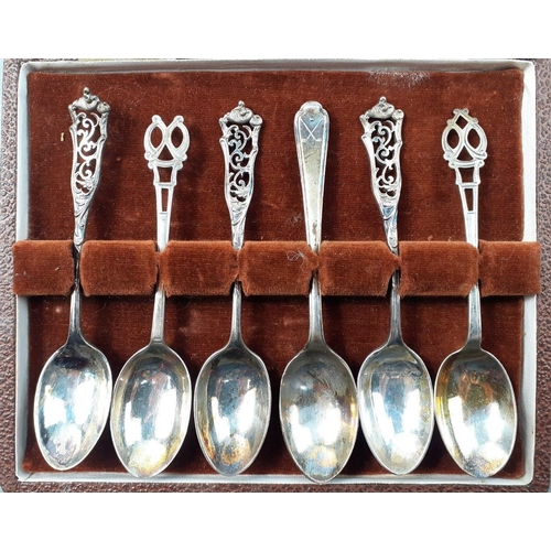 132 - A case containing six silver teaspoons.  All STERLING SILVER, various hallmarks.  Total weight 72g a... 