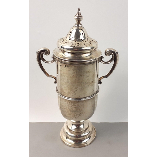 134 - A stunning SCOTTISH SOLID SILVER two handled sifter in trophy form.  Maker's marks for Hamilton &... 