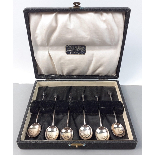 136 - A cased set of six STERLING SILVER coffee bean spoons in a Cyril Russell of Glasgow case.  Lovely co... 