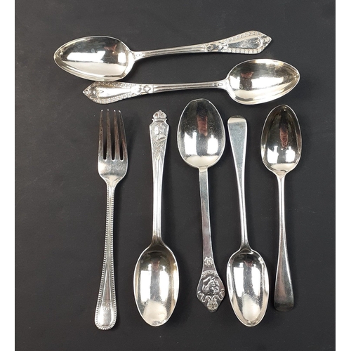 141 - Six unmatched silver teaspoons and one dessert fork with various hallmarks, Total weight 145g approx... 