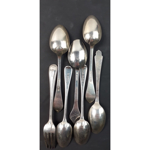 141 - Six unmatched silver teaspoons and one dessert fork with various hallmarks, Total weight 145g approx... 